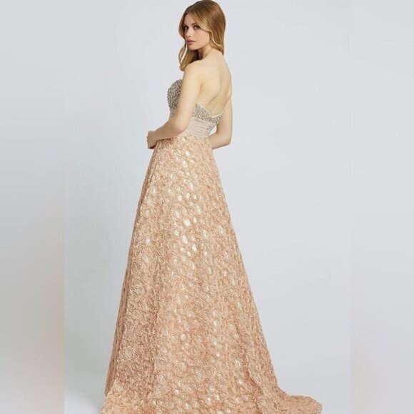 Mac Duggal Embellished Ballgown Rosette Floral Strapless in Champagne NEW Size 0 - Picture 5 of 13